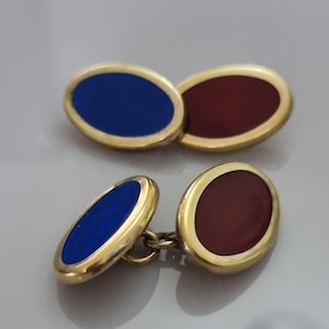 c1997 Vintage English Silver Gilt & Guilloche Enamel Red and Blue Oval Connector Cufflinks Edinburgh H&#39;mkd &#39;G and H&#39; 17g
