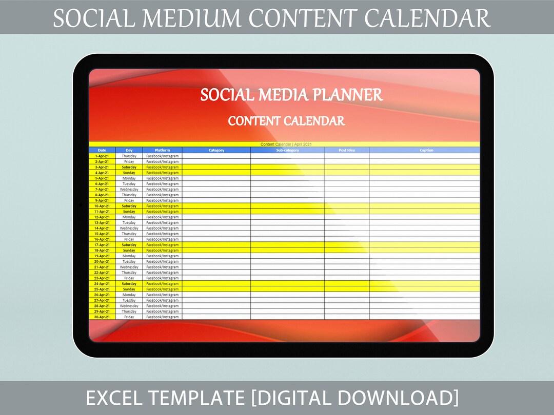Content Calendar Template | Social Media [editable, Printable Excel Template] - Etsy