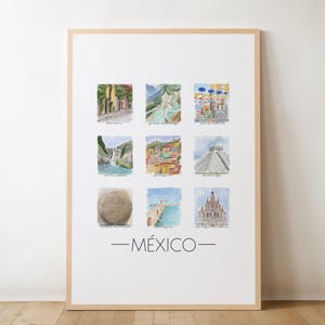 Póster de viaje de México, Arte mural ilustrado, Lugares emblemáticos de México, Impresión de México en acuarela, Regalo para viajeros, Regalos para amantes de México