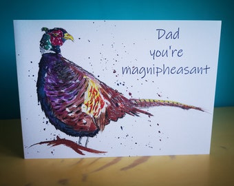 Pheasant Watercolour Birthday Card, Funny Dad Grandad Card, bird puns
