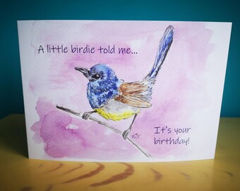 Bird Birthday Card, Watercolour Wildlife Art Greeting