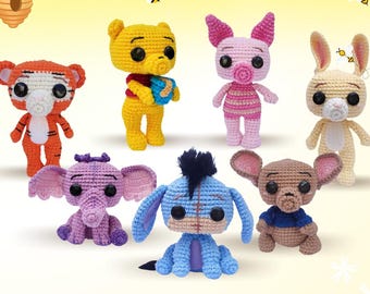 Nalle Puh Amigurumi Virkmönster, Eeyore, Tigger (Digitalt mönster)