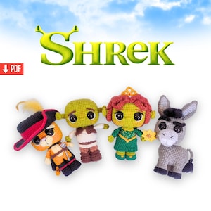 Shrek, Fiona, Donkey and Puss in boots Crochet Pattern, PDF English pattern, Funko pop crochet