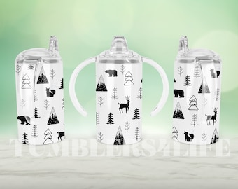 Scandinavian Design Forest Animals, Black And White, Straight Sippy Cup Sublimation SEAMLESS Pattern, Full Sippy Cup Wrap, Digital Download