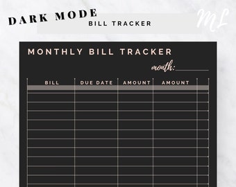 BLACK MODE Monthly Bill Payment Tracker Printable | Bill Pay Checklist Organizer | Bill Log monthly bill printable bill tracker bill tracker