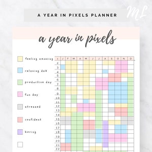 A Year in Pixels Printable, Mood Tracker, Bullet Journal Printable, Journal Pages, Bujo Inserts, Wellbeing Printable Year Mood Chart print