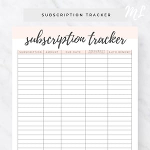 Abonnement-Tracker Druckbarer Abonnement-Log Expense Tracker-Planer Fügt einfaches Budget-Log, Mitgliedslisten-Organisations-Bindungsblatt ein