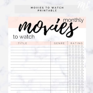 Movies To Watch List Movie Tracker Printable Movie List Printable Series To Watch PDF A4 Guide List, Favorite Movie Night image 1