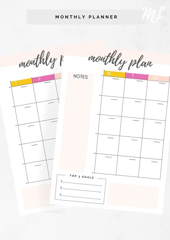 Printable Monthly Planner on Two Pages Month at a Glance - Etsy