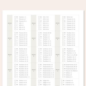 May include: A black and white chart with a list of books from the Bible, organized by week. The chart includes the book name and the chapters to read each day.