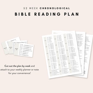 May include: A printable 52-week chronological Bible reading plan. The plan is divided into weekly sections with checkboxes for each day of the week. The text includes book and chapter references for each day.