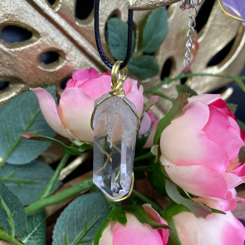 Brass Wire-wrapped Natural Clear Crystal Point Pendant