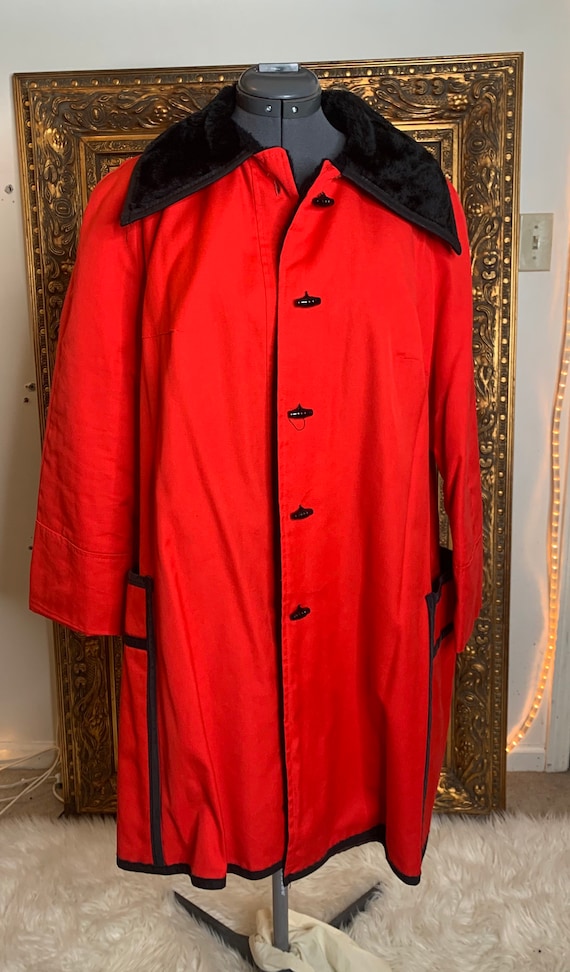 Large 1960s Coat Mod Red Canvas Faux Fur Lined Lig