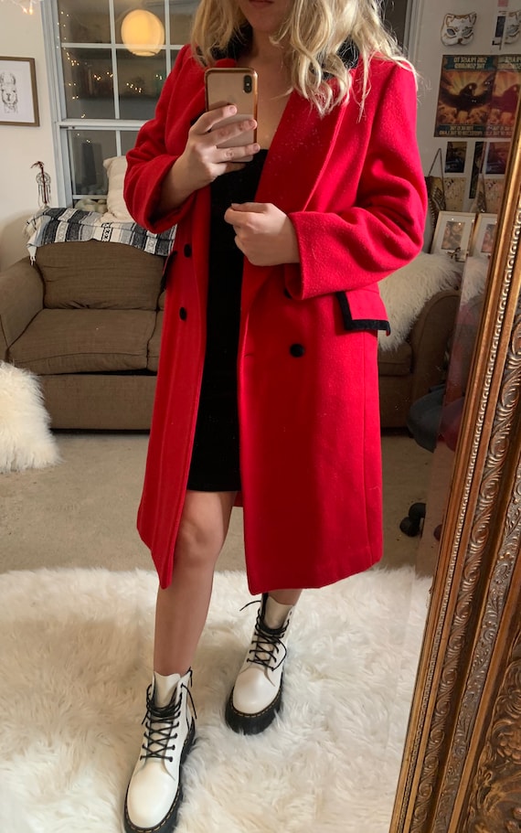 vintage wool red and black velvet Pea coat girls … - image 1