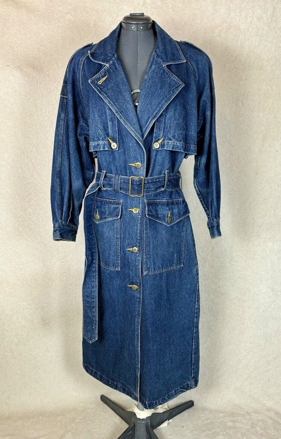 Vtg 80s Denim Trench Coat Belted Metal Buttons New