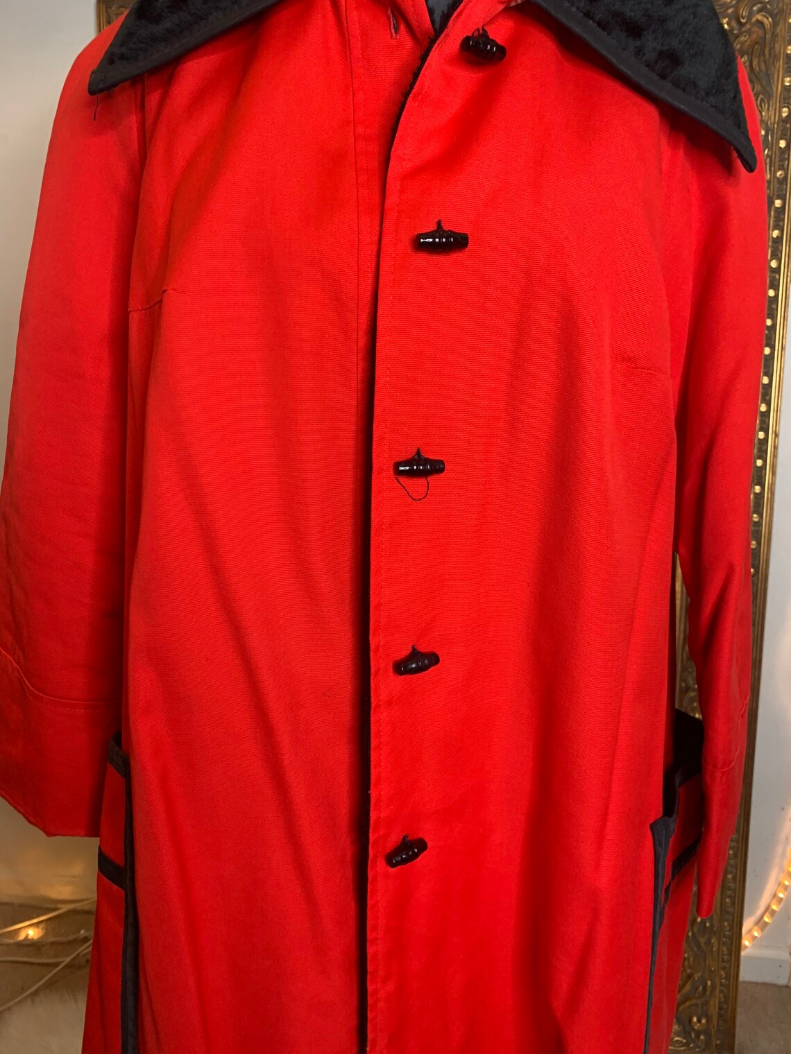 Large 1960s Coat Mod Red Canvas Faux Fur Lined Lightweight Winter Overcoat