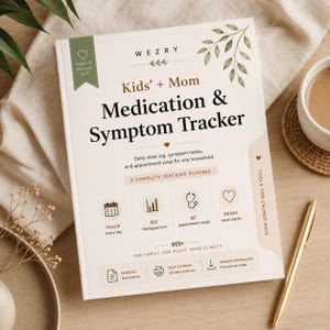 May include: A white planner titled Kids' + Mom Medication & Symptom Tracker with green leaf illustrations. The cover features text including Daily dose log, symptom notes, and appointment prep for one household, along with icons for tracking, charts, a stethoscope, and a heart.
