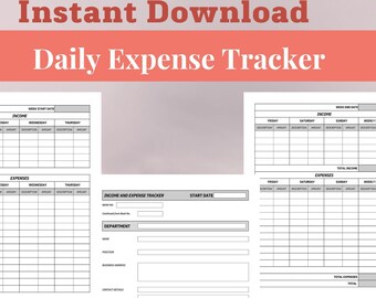 May include: Printable daily expense tracker with sections for income and expenses. The tracker includes a weekly summary and a notes section. The text "Instant Download" and "Daily Expense Tracker" is at the top of the image. The text "2 Sizes With 6 Different Colors" is at the bottom of the image.