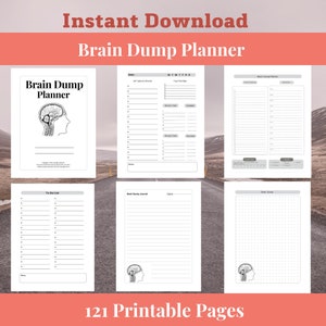 May include: A printable brain dump planner with 121 pages. The cover features a brain illustration and the text "Brain Dump Planner".