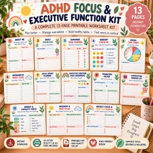 Peut inclure: Un kit imprimable de 13 pages pour la concentration et les fonctions exécutives TDAH comprenant des feuilles de travail pour les priorités quotidiennes, le suivi de la dopamine, les bilans sensoriels et la gestion de l'énergie.
