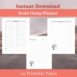 May include: A printable planner with 121 pages for brain dumping, to-do lists, and journaling. The pages feature a brain illustration and dotted grid patterns.