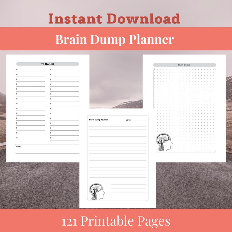 May include: A printable planner with 121 pages for brain dumping, to-do lists, and journaling. The pages feature a brain illustration and dotted grid patterns.