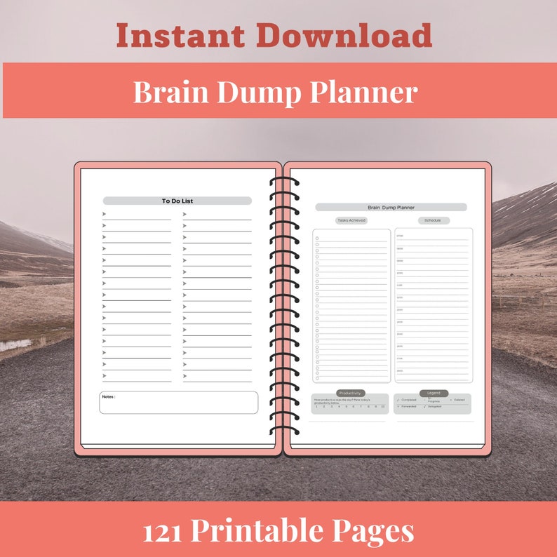 May include: A printable planner with a pink cover and a spiral binding. The planner has two pages open, one with a "To Do List" and the other with a "Brain Dump Planner". The text "121 Printable Pages" is at the bottom of the image.