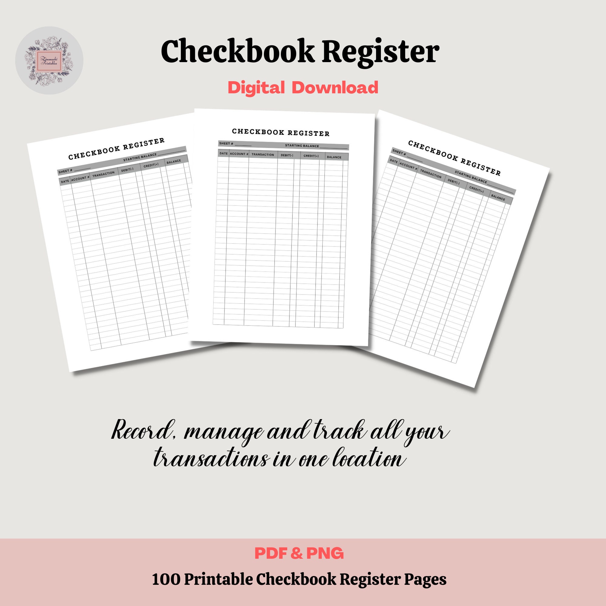 Printable Checkbook Register Pages, Transaction Register Log, Spending ...