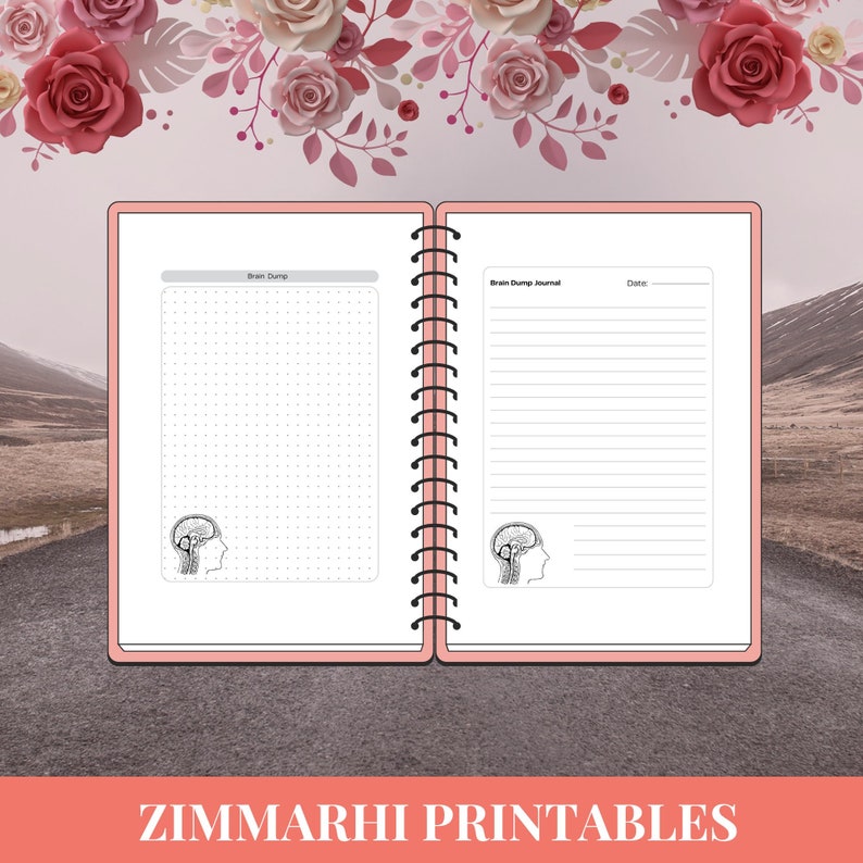 May include: A printable brain dump journal with a dotted grid page and a lined page. The journal has a pink cover and a spiral binding. The pages feature a black and white illustration of a brain.