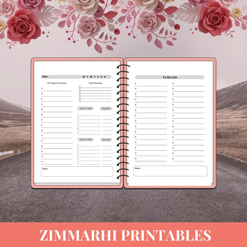May include: A pink and white planner with a to-do list and a section for daily tasks. The planner has a spiral binding and is open to show the inside pages.