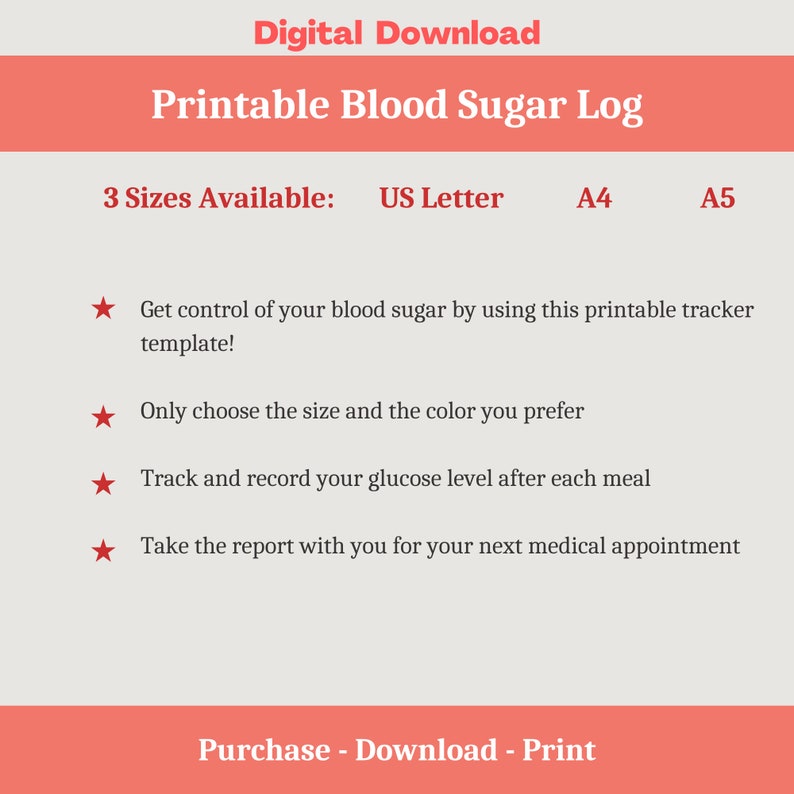 Blood Sugar Log, 4-time A Day Printable Glucose Tracker for Diabetics ...