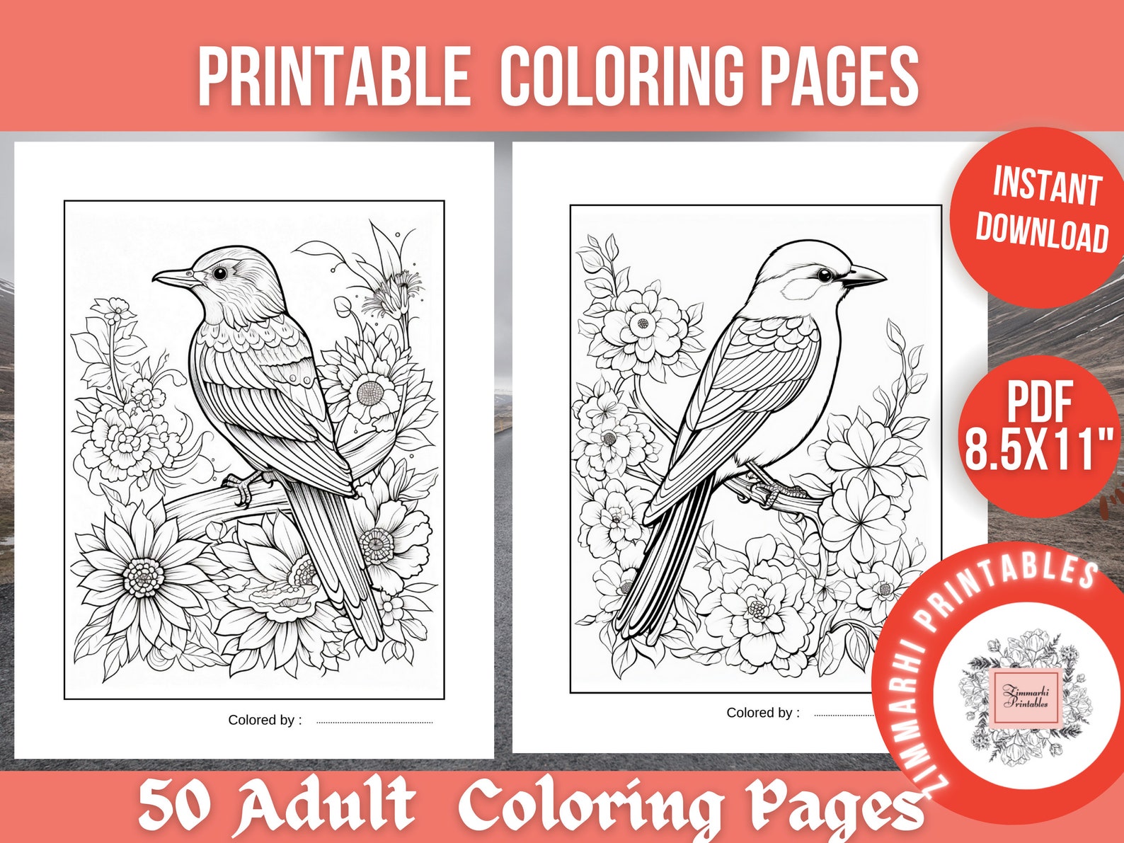 Stress Relief Adult Coloring Book, Bird & Flowers Coloring Pages