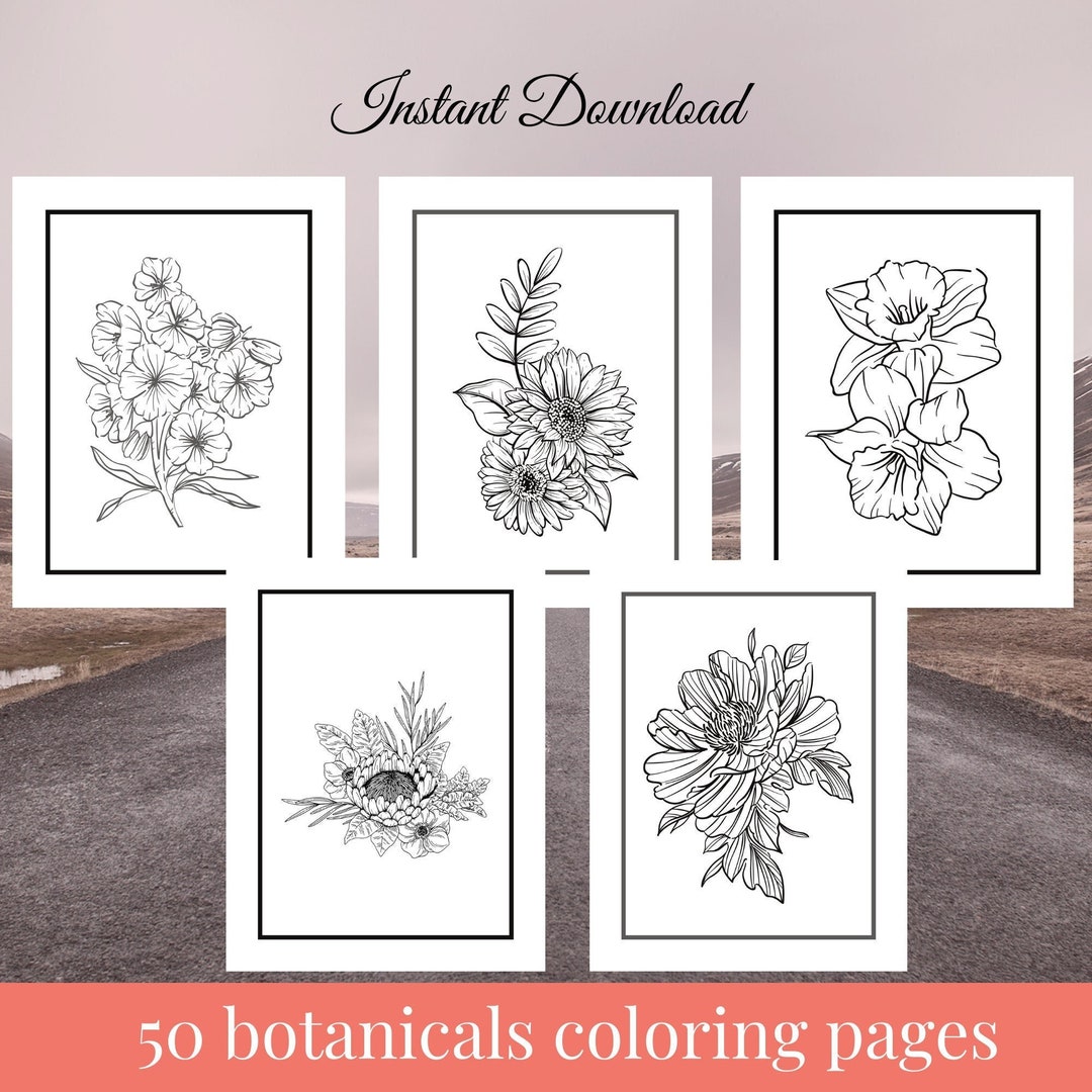 Floral Coloring Book, 50 Botanical Pages for Adults (digital Download ...