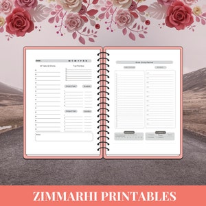 May include: A pink and gray planner with a spiral binding. The left page has a section for "All Tasks & Chores" and "Top Priorities". The right page has a section for "Brain Dump Planner" with sections for "Tasks Achieved", "Schedule", "Productivity", and "Urgent".