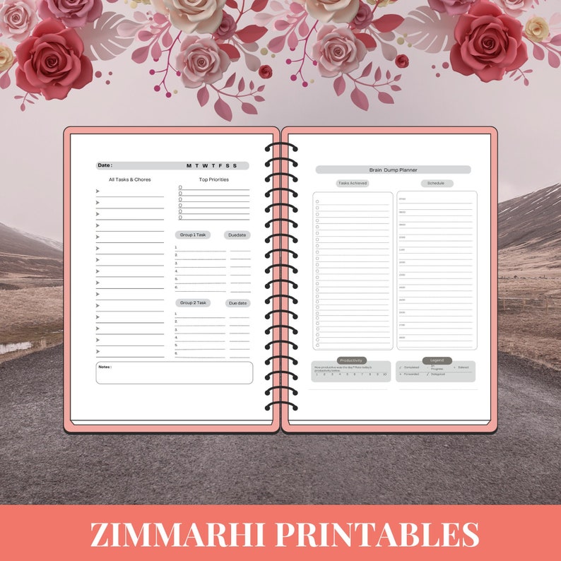 May include: A pink and gray planner with a spiral binding. The left page has a section for "All Tasks & Chores" and "Top Priorities". The right page has a section for "Brain Dump Planner" with sections for "Tasks Achieved", "Schedule", "Productivity", and "Urgent".