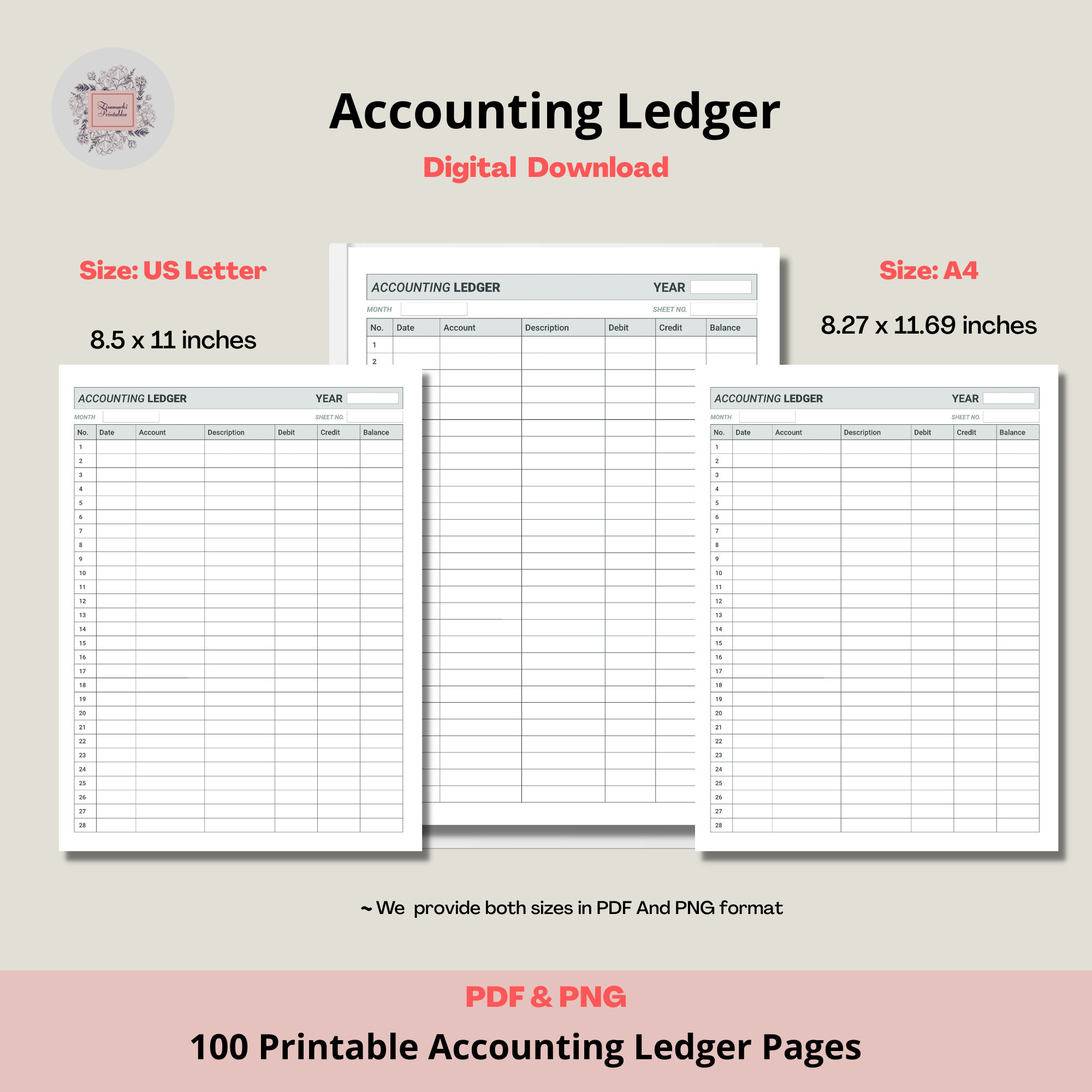 Printable Accounting Ledger Pages, Account Ledger Book for Bookkeeping