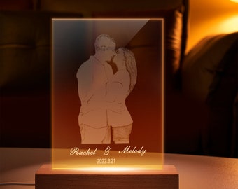 Personalized 2D Carved Photo Night Light Custom Glass Led Night Lamp for Couple