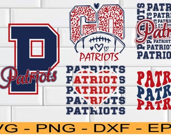 May include: A digital design featuring the word "Patriots" in various styles. The design includes a red and blue football helmet with a leopard print design, a red and blue "P" with the word "Patriots" in a script font, and the word "Patriots" in a red and blue block font.