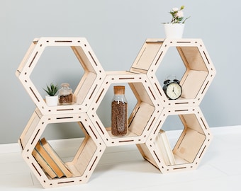 Bookcase Honeycomb Loft shelf Geometric bookhelf Custom Hexagon Shelves Housewarming Gift Shelving Unit