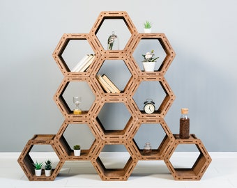 Hexagon Shelves, Big Set Of Wood Bookshelves, Wooden Shelves For Rustic Home Decor, Geometric Shelves For House Decoration