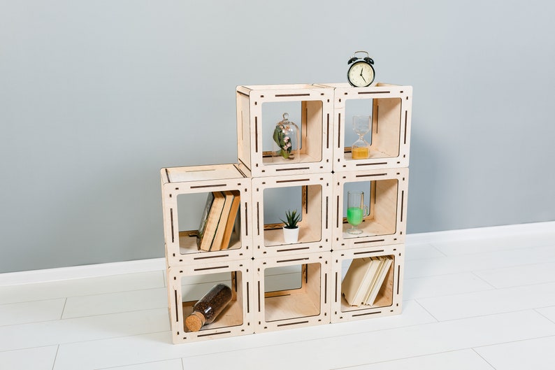 Wooden bookcase, Wooden bookshelf, Cabinet Bookcases, Small bookcase Asymmetrical bookshelf, Cube shelves, Handmade bookcase image 5