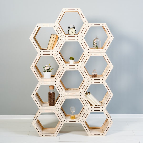 Room Divider, Hexagon shelves, Loft shelf, Geometric Shelves, Custom Bookcase, Housewarming Gift, Modular shelving, Custom shelves