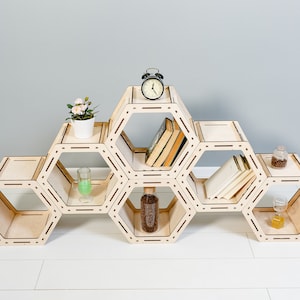 HONEYCOMB SHELVES - Hexagon Shelf - Handmade Wooden Book Storage Standing Home Decor Shelves - Beautiful Assembled Bookcase