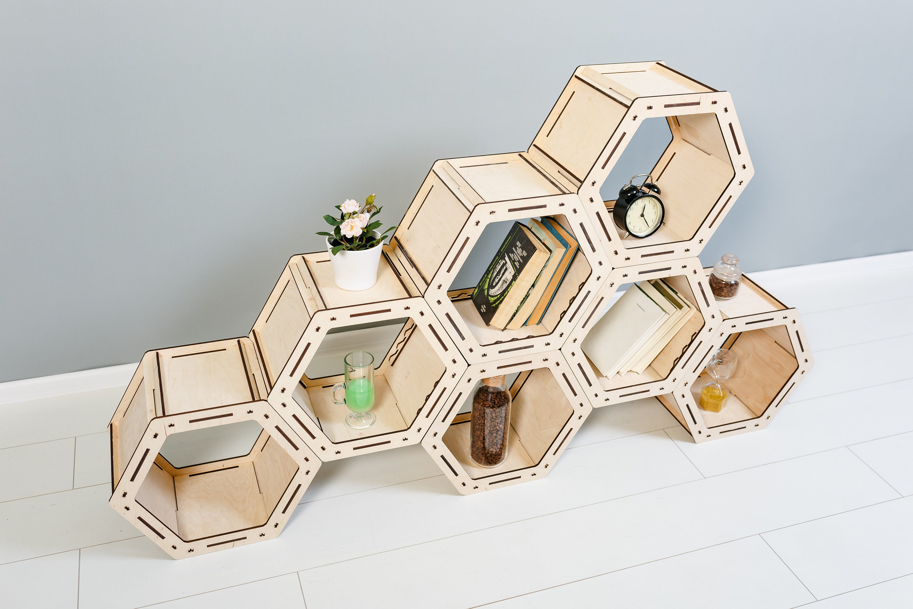 Plant Stand Hexagon Shelf Unit Wooden Bookcase Minimalistic Etsy