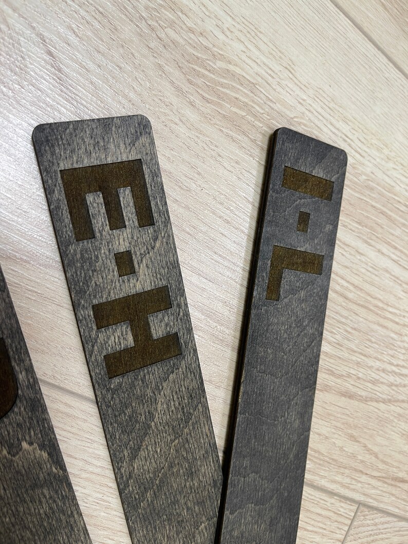 Puede incluir: Tres letreros rectangulares de madera con pintura negra y letras marrones. Los letreros dicen "E", "H" e "I".