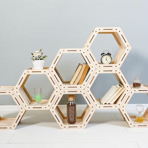 Bookcase, Bookcase modern, Bookcase Hexagon, Custom bookcase, Rustic bookcase, Wood bookshelf, Shelving Unit, Handmade