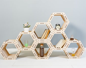 Librería, Librería moderna, Librería hexagonal, Librería personalizada, Librería rústica, Estantería de madera, Estantería, Hecha a mano