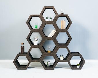 HONEYCOMB SHELVES - WOODEN Shelves - Beautiful Hexagon Book Storage Home Décor Shelves - Handmade Standing Shelves Gift For Friend