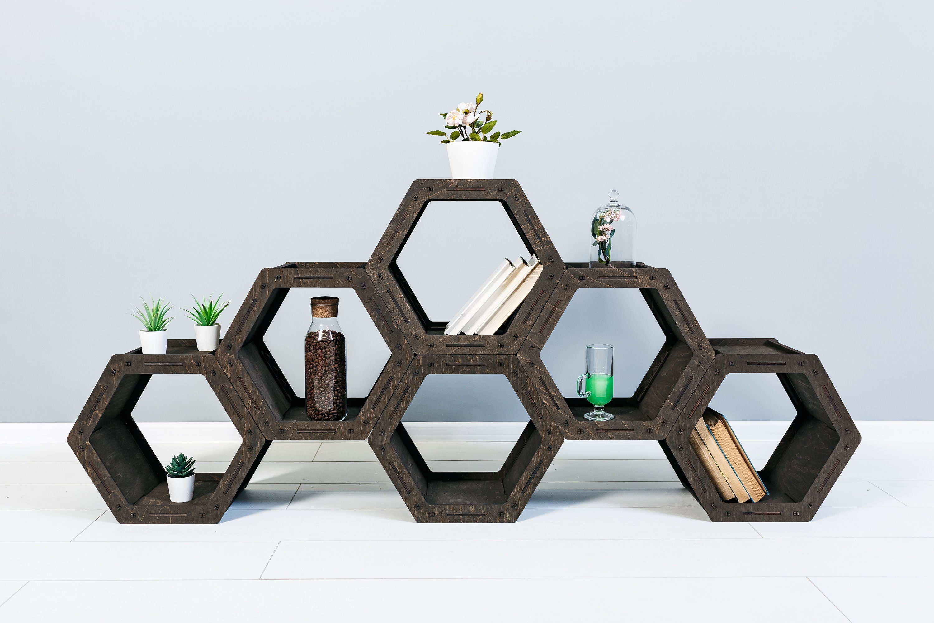 Plant Stand Hexagon Shelf Unit Wooden Bookcase Minimalistic Etsy