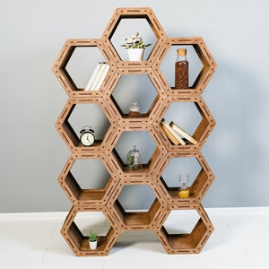 HEXAGON SHELF - HONEYCOMB Shelves - Handmade Wooden Book Storage Standing Home Decor Shelves - Beautiful Assembled Bookcase Custom Shelf